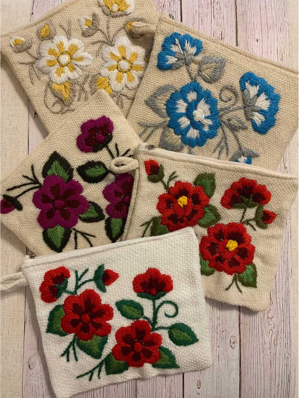 Embroidered Floral Merino Wool Clutch: Handwoven Cosmetic Bag